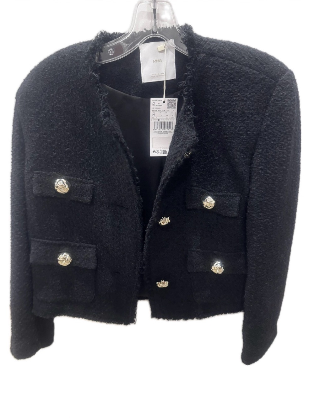 Mango Black Bouclé Cropped Blazer with Gold-Tone Buttons